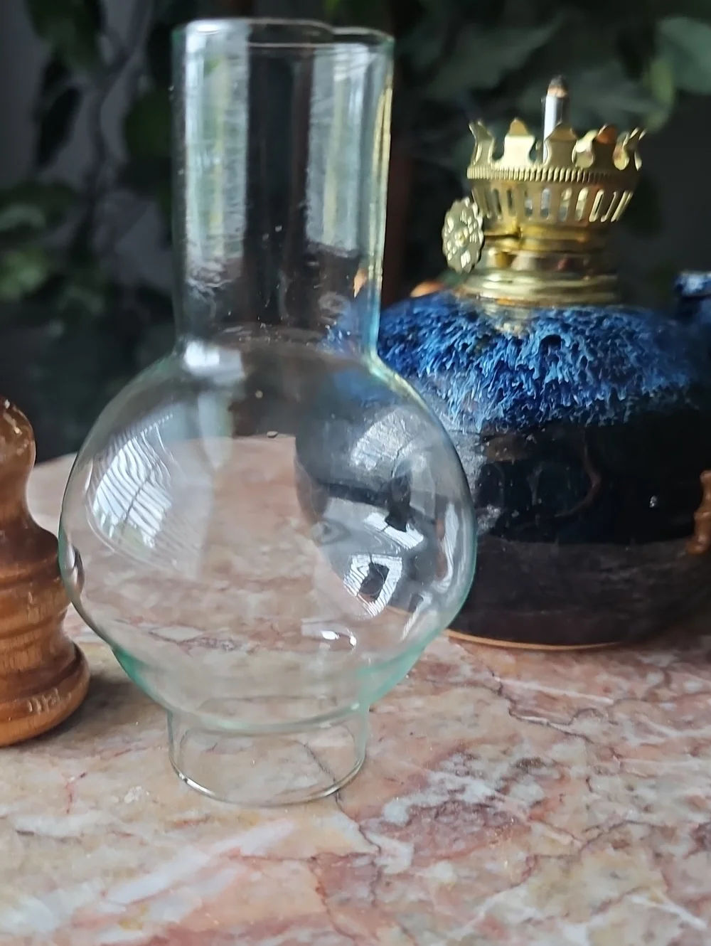 Vintage Blue Glazed Ceramic Oil Lamp with Glass Chimney